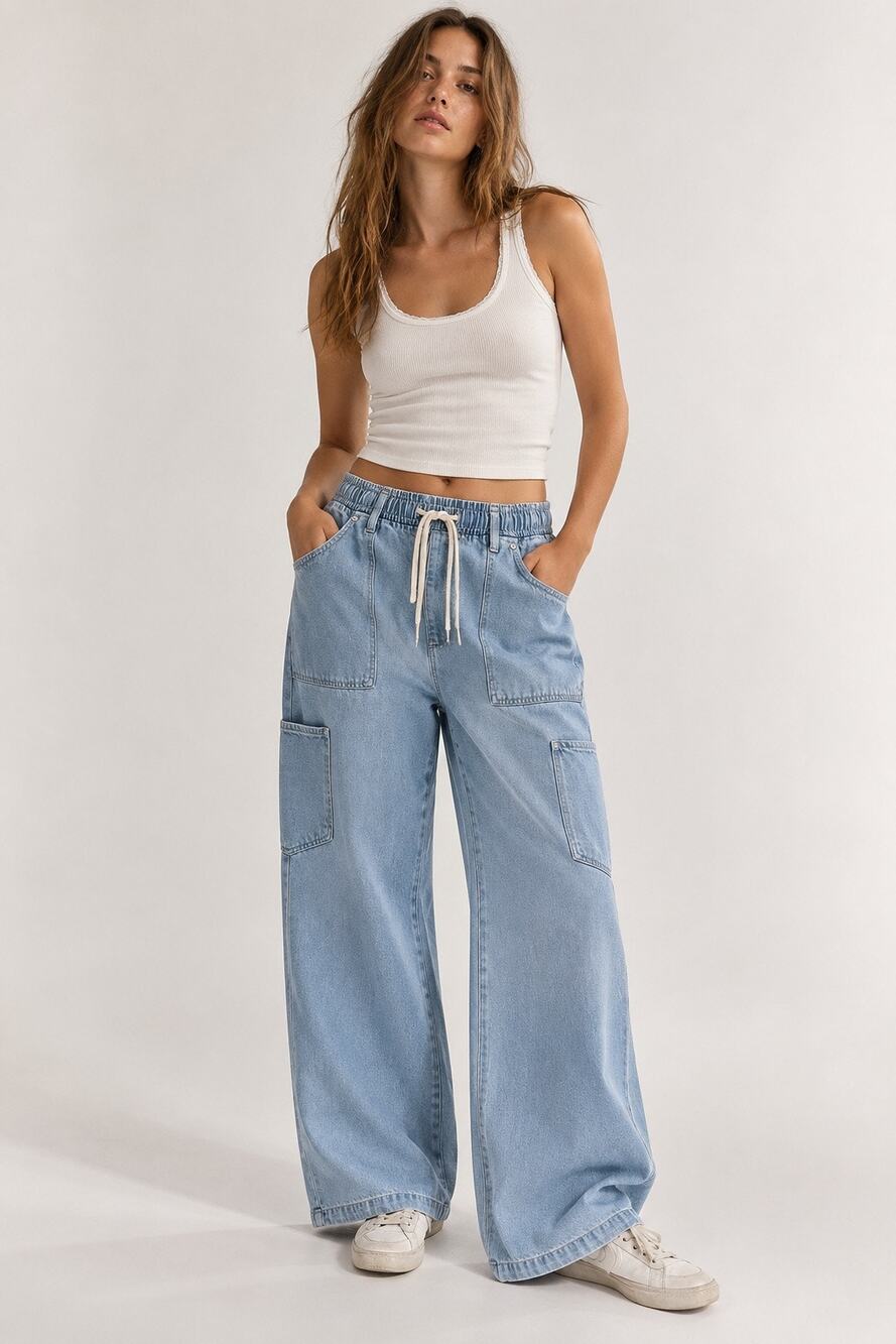 Madden NYC Light Wash Baggy Drawstring Pull Utility Jeans L Skater Streetwear